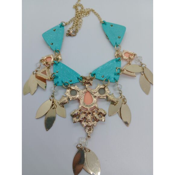 Turquoise Green Peach Clear Rhinestone Gold Tone Chain 16-19" Statement Necklace - Picture 3 of 7